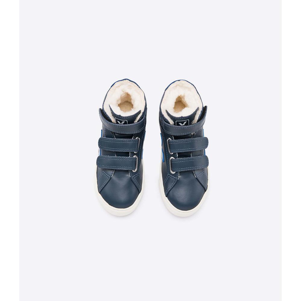 Kids' Veja ESPLAR MID FURED LEATHER High Tops Blue/Navy | SG 691BEX